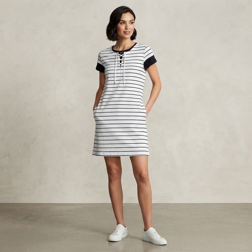 Tommy Hilfiger T-Shirt Dress Womens Medium White Navy Striped Excellent Lace-Up